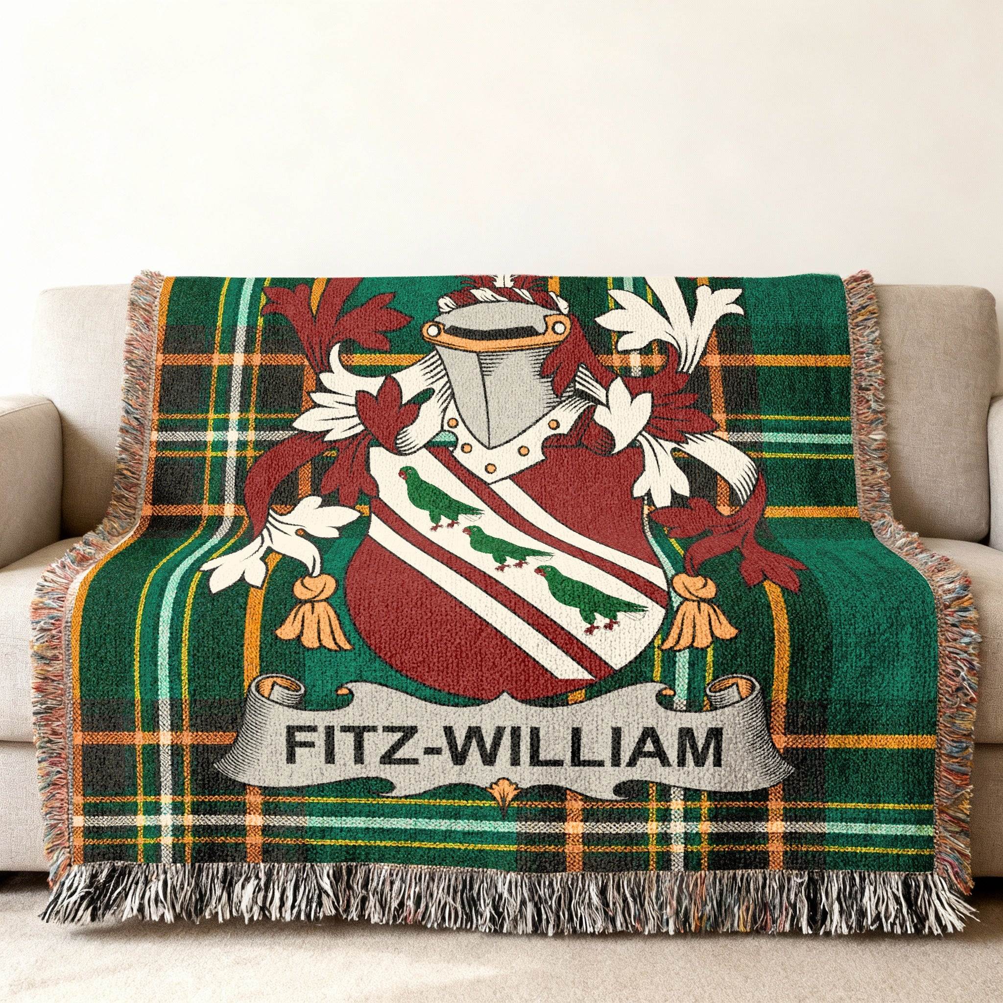 Fitz-William family crest woven blanket in tartan pattern.