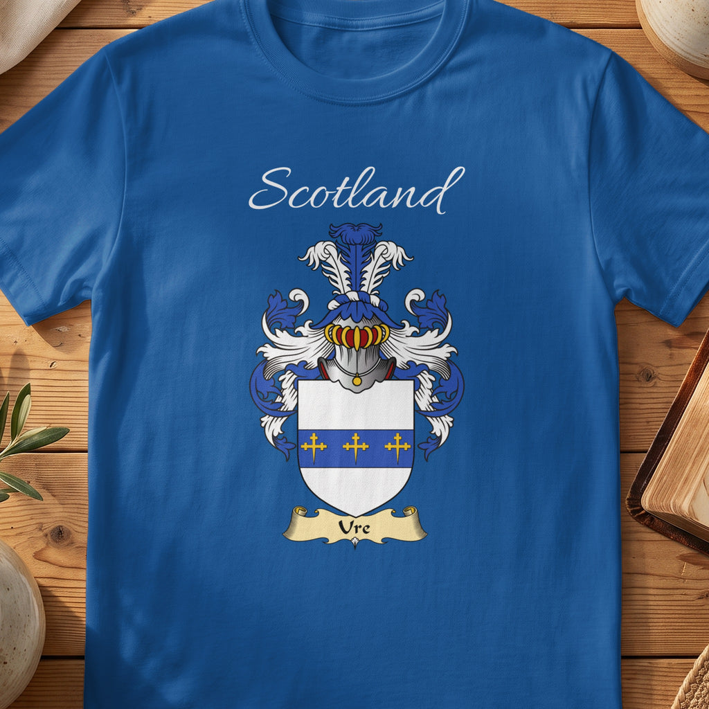 Royal blue Ure unisex heritage T-shirt with the family shield and surname design.