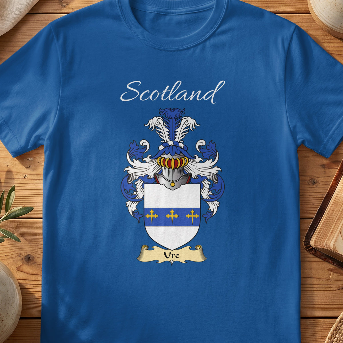 Royal blue Ure unisex heritage T-shirt with the family shield and surname design.