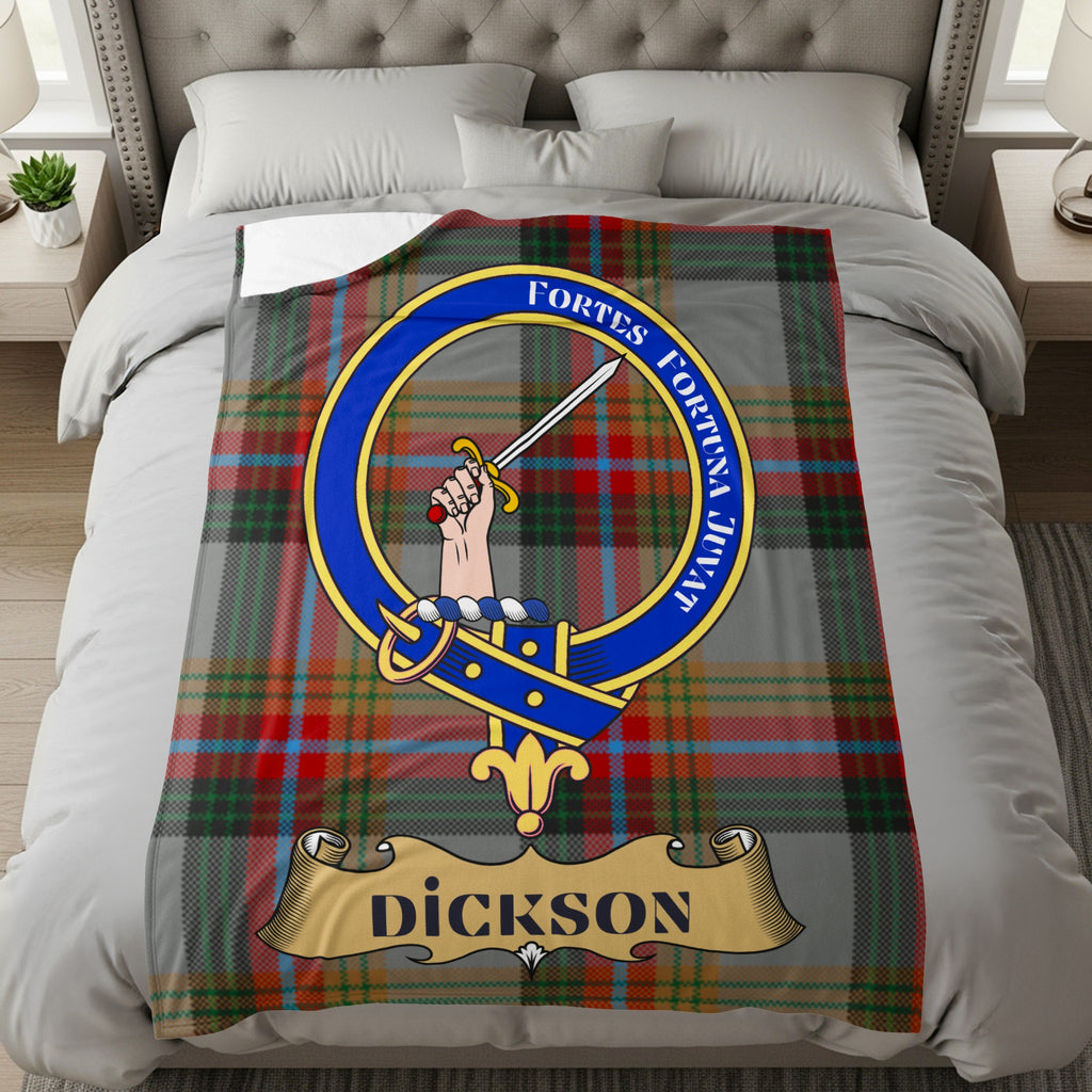 Dickson clan tartan throw with crest and motto — full front view