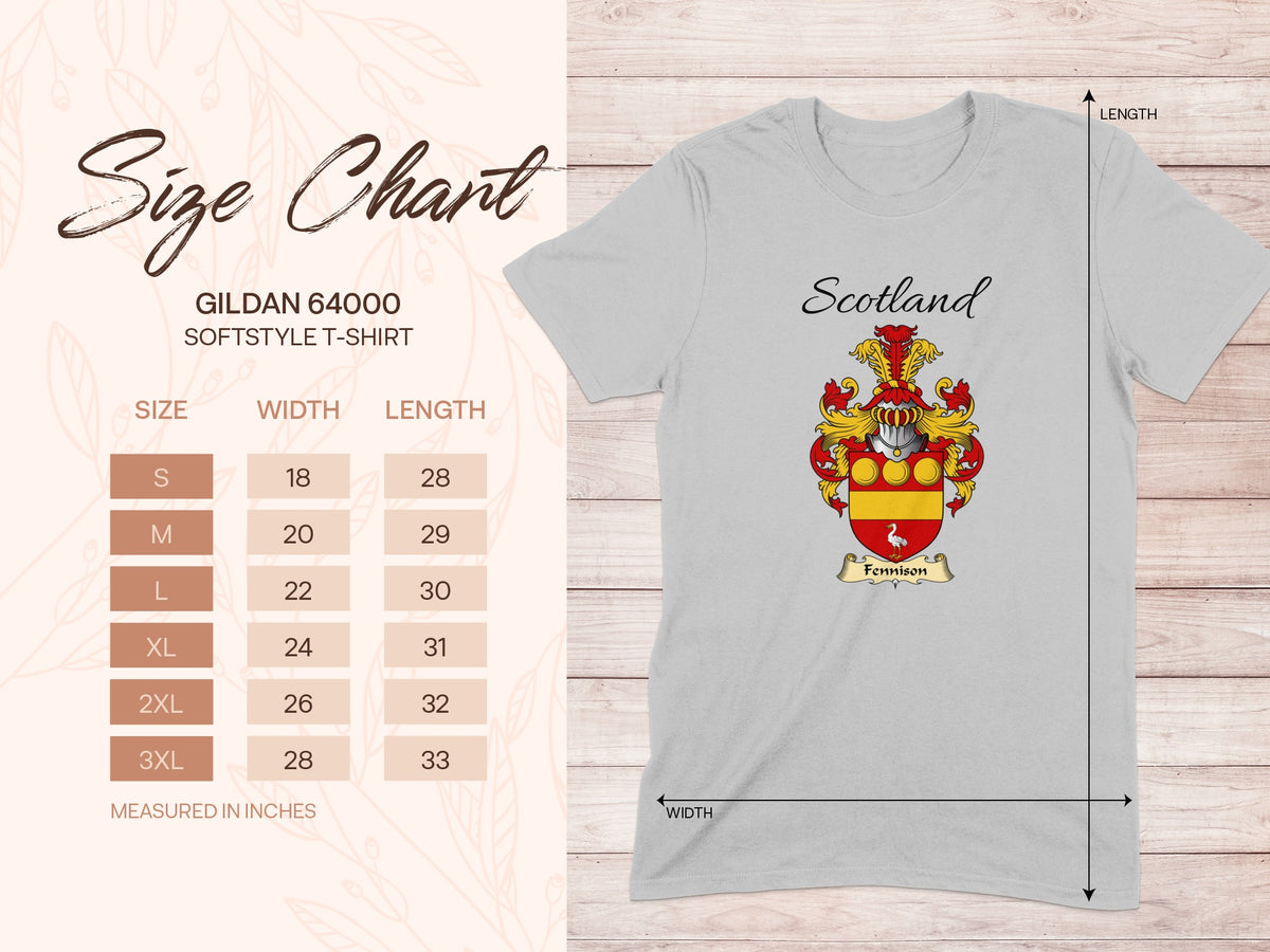 Gildan 64000 size chart for the Fennison unisex T-shirt, sizes S to 3XL