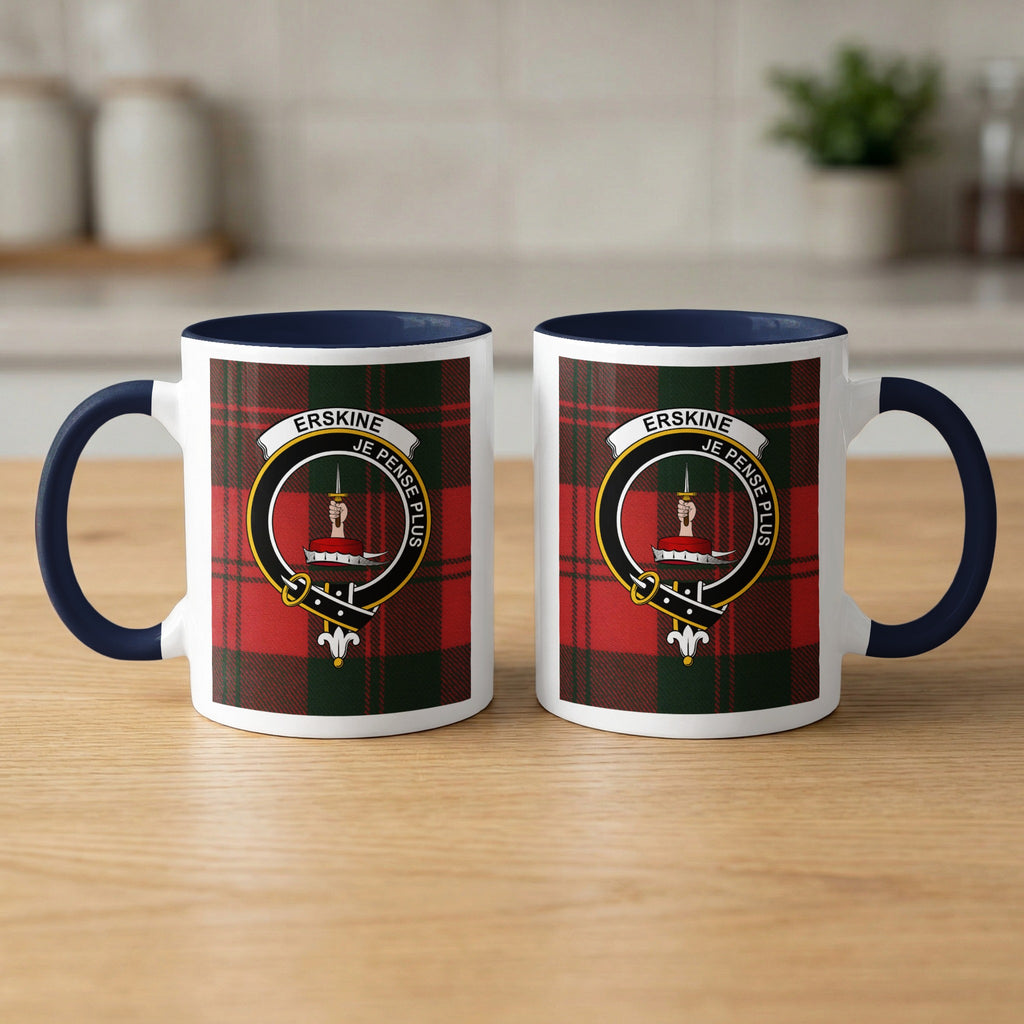 Pair of Erskine Scottish clan crest 11 oz mugs with navy accents and a tartan background