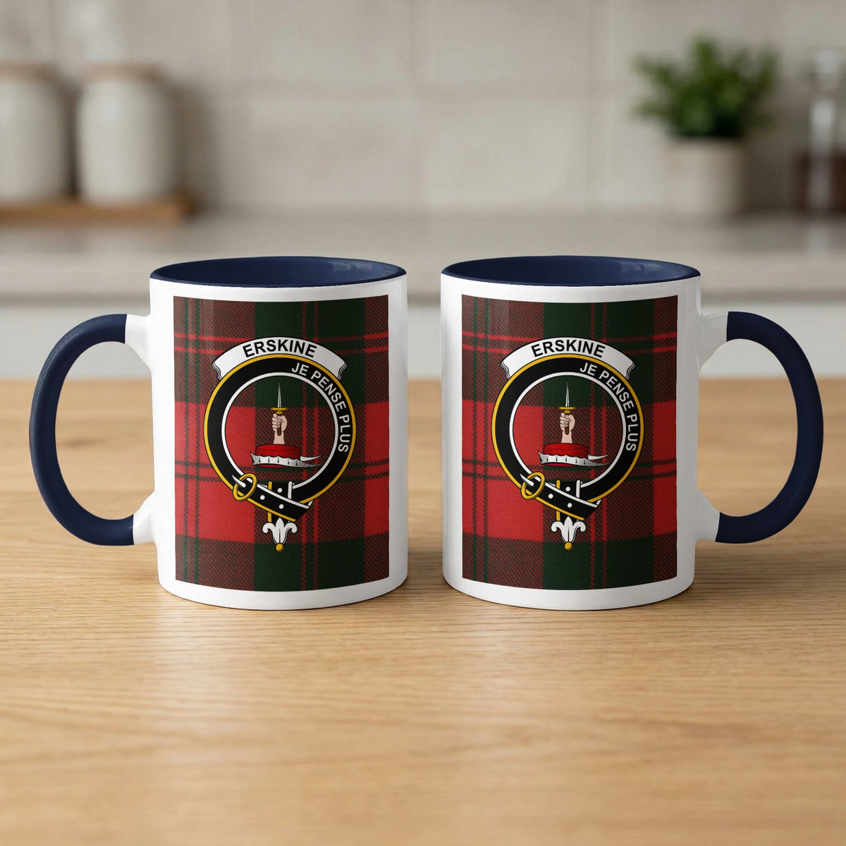 Pair of Erskine Scottish clan crest 11 oz mugs with navy accents and a tartan background