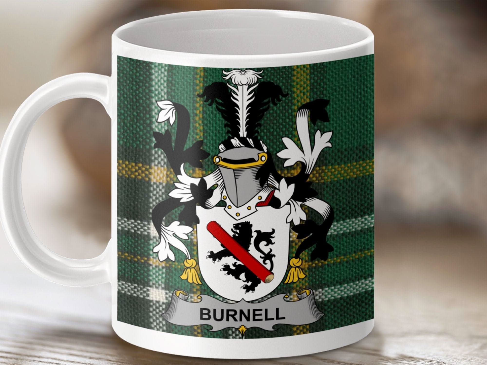 Burnell Surname Family Crest Irish Tartan Mug - Celtic Ancestry Gifts