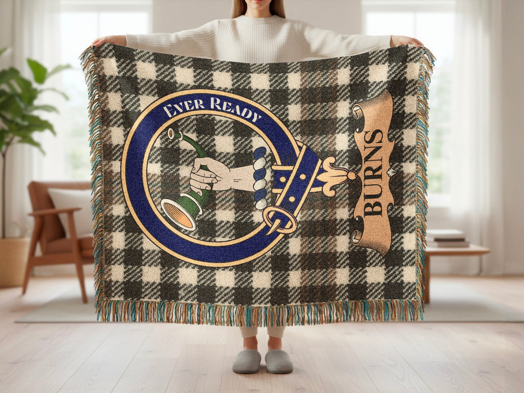 Burns clan crest with Ever Ready motto on tartan woven throw blanket