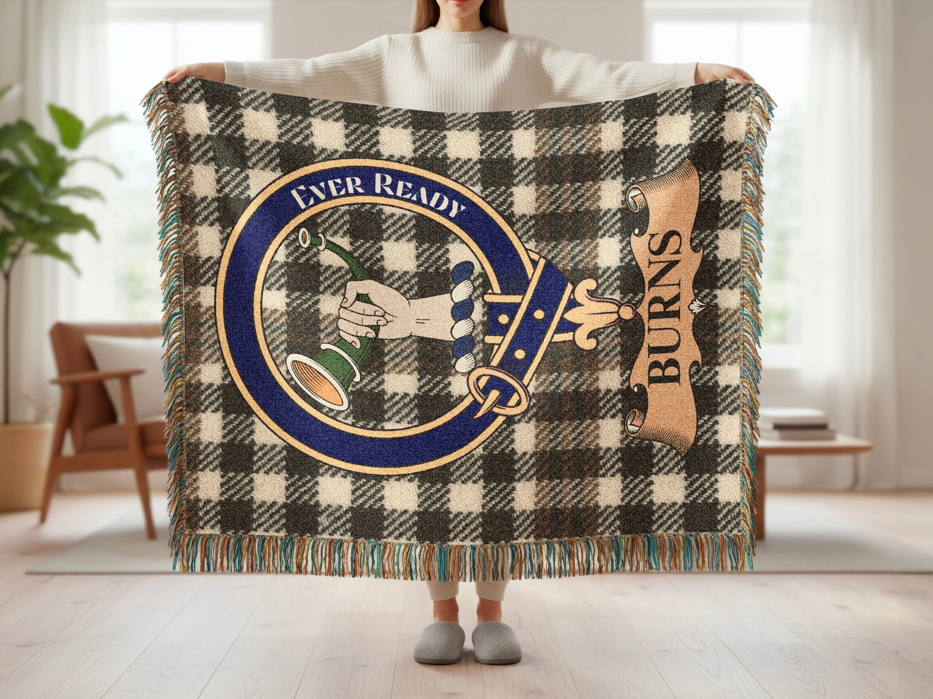 Burns clan crest with Ever Ready motto on tartan woven throw blanket