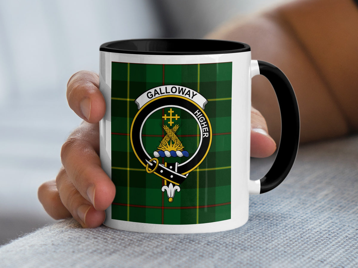 Galloway Scottish heritage crest artwork on an 11 oz black accent mug with a tartan background