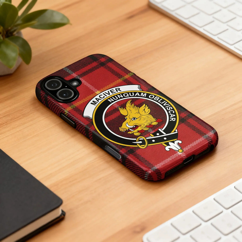 MacIver tartan crest case on Samsung Galaxy — edge-to-edge plaid wrap with boar's head crest