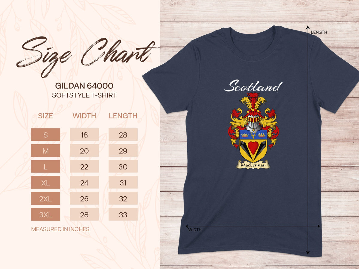 Gildan 64000 size chart for the MacLennan unisex T-shirt, sizes S to 3XL
