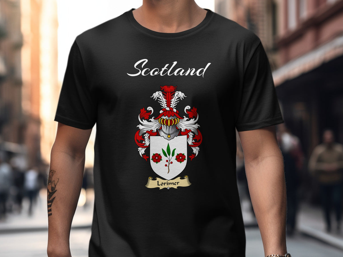 Lorimer Scottish family shield design on Black T-shirt