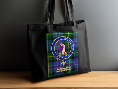 Scottish Clan Crest on Tartan Background Tote Bag - Living Stone Gifts