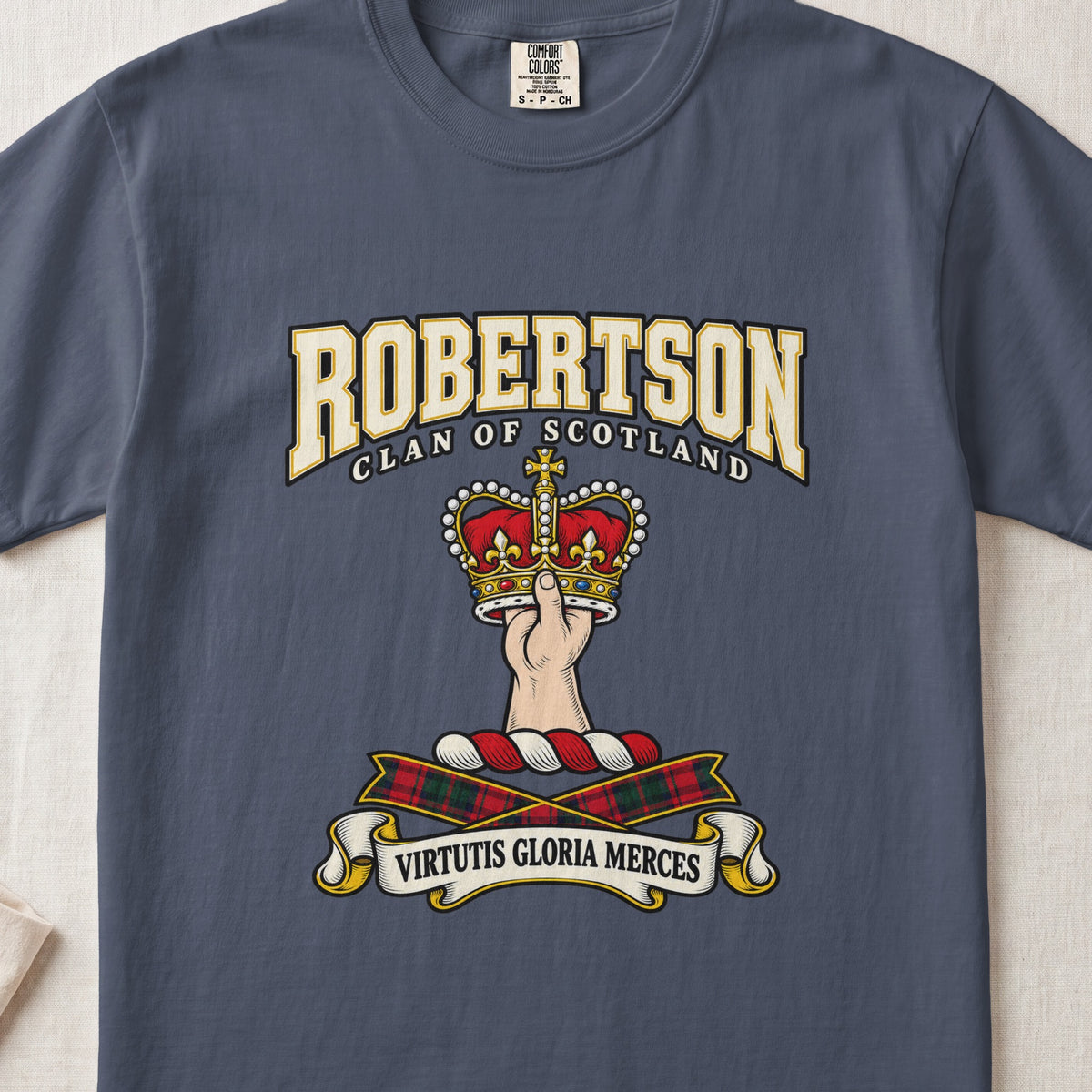 Robertson graphic T-shirt in Midnight blue, front flat lay showing varsity lettering and hand and forearm holding a red and gold crown.