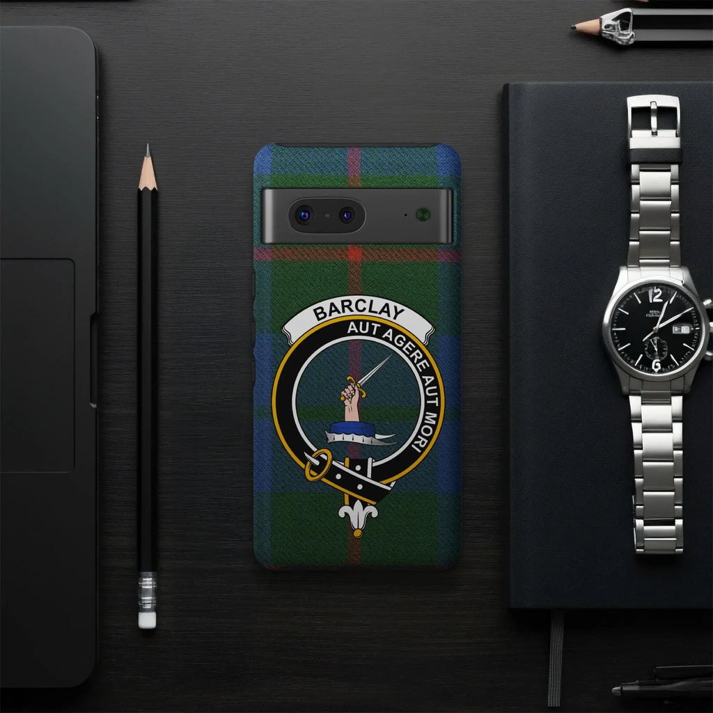 Barclay tartan crest case closeup — glossy 3D wrap print, clan design associated with Scottish heritage
