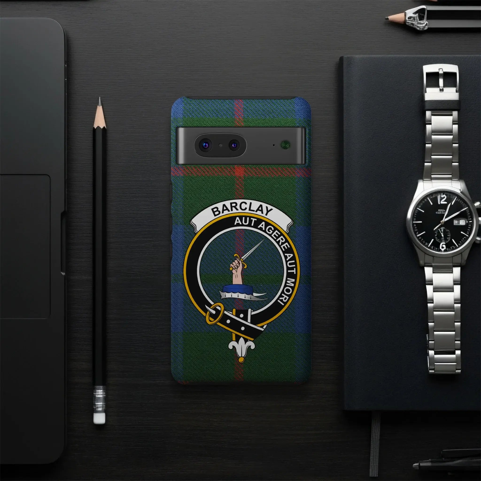 Barclay tartan crest case closeup — glossy 3D wrap print, clan design associated with Scottish heritage