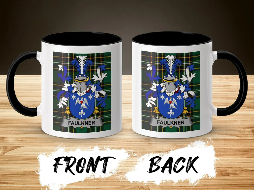 Mug with the Faulkner family crest on front and back.