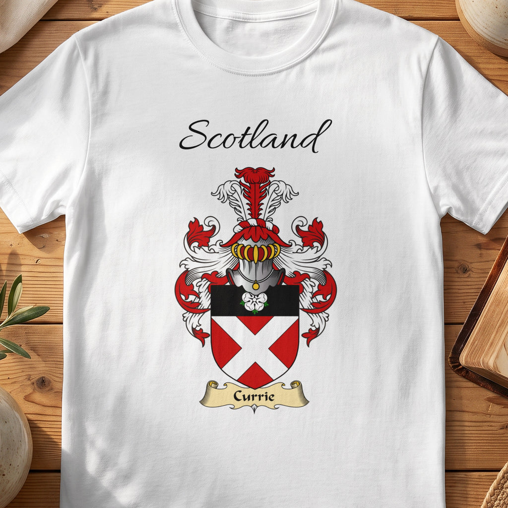 White Currie Scottish family shield T-shirt featuring a white diagonal cross on red