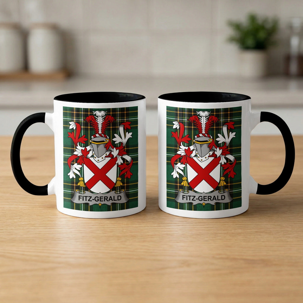 Fitz-Gerald Irish surname mugs front and back — family crest on green tartan