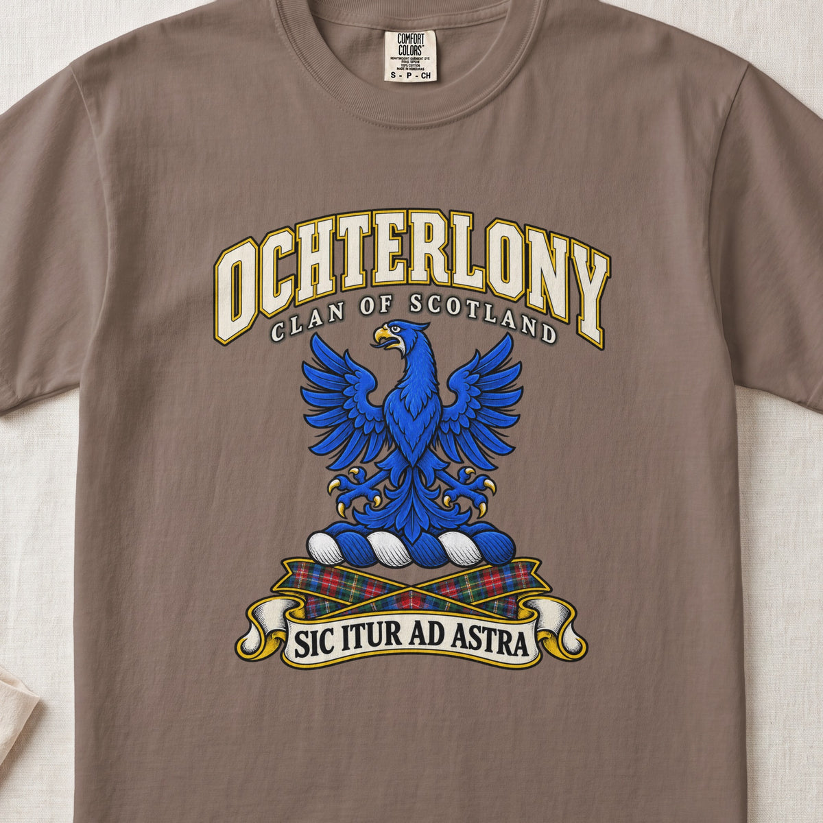 Ochterlony Scottish clan T-shirt in Espresso, front view with a blue eagle with spread wings and motto banner.