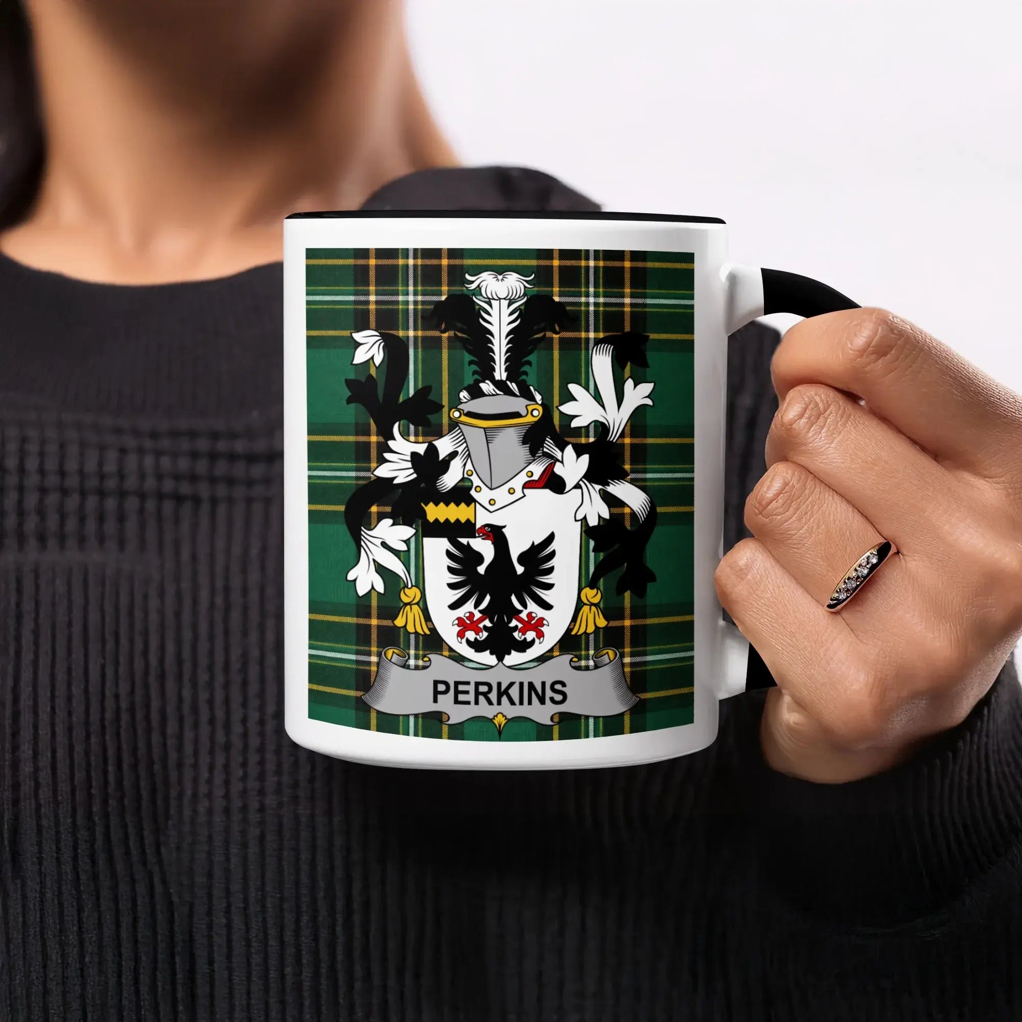 Perkins black accent mug featuring Irish National Tartan and family crest