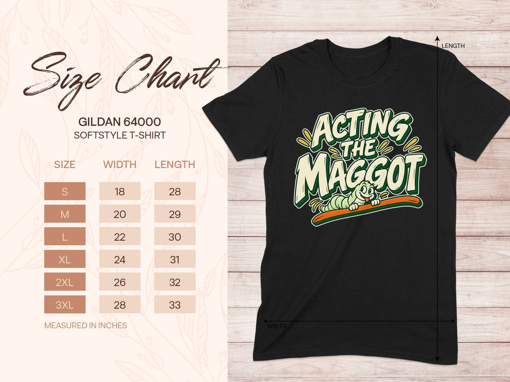 Gildan 64000 unisex T-shirt size chart with width and length measurements