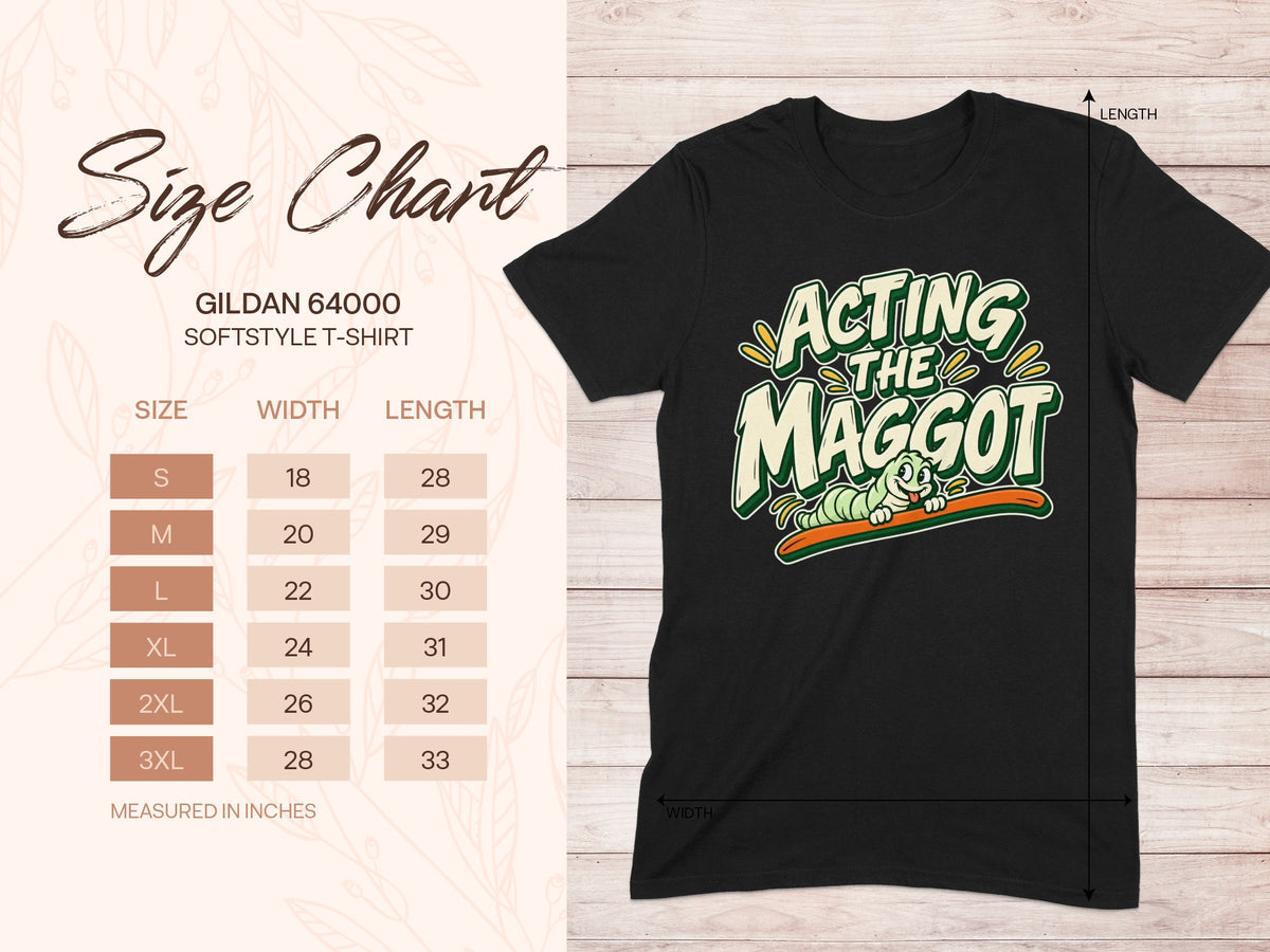 Gildan 64000 unisex T-shirt size chart with width and length measurements
