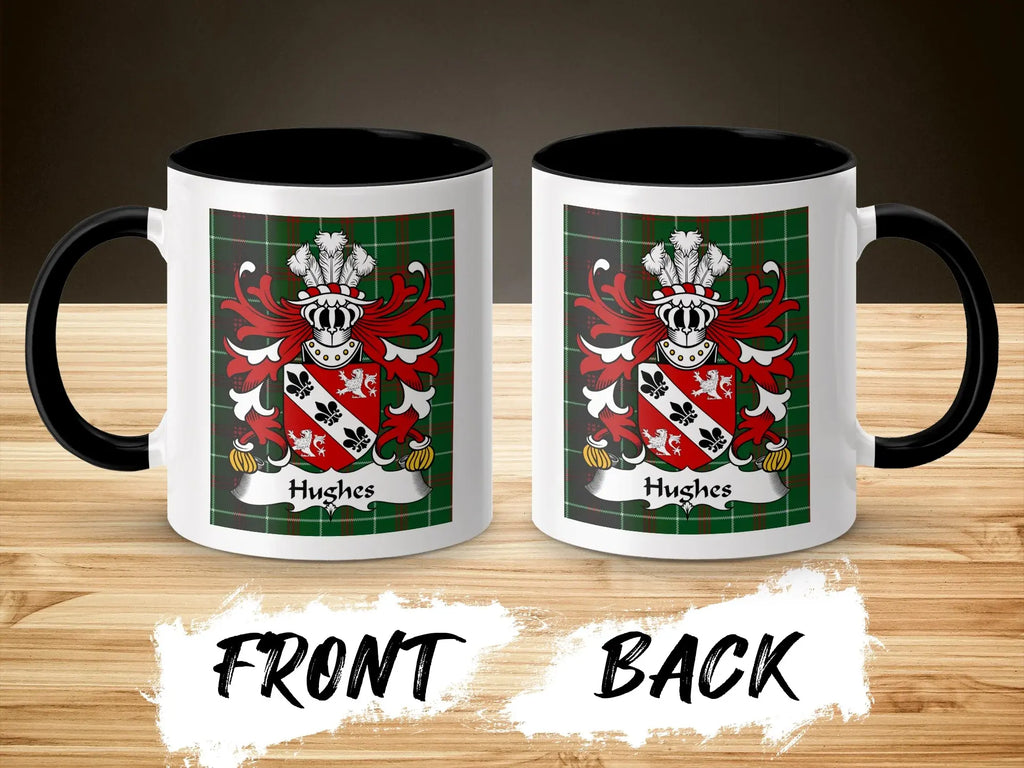 Hughes Welsh surname coffee mug front and back with coat of arms on tartan
