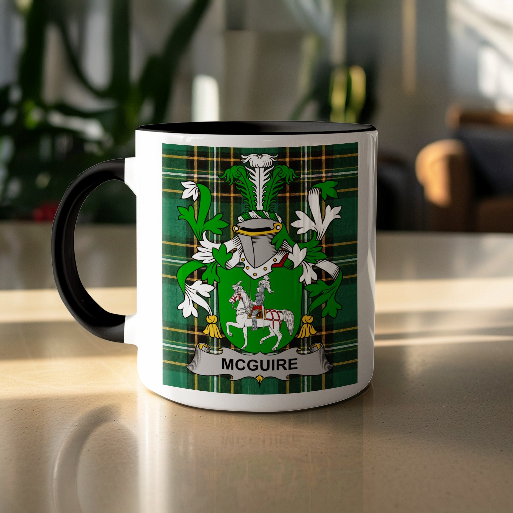 McGuire family crest on Irish National Tartan mug — close-up