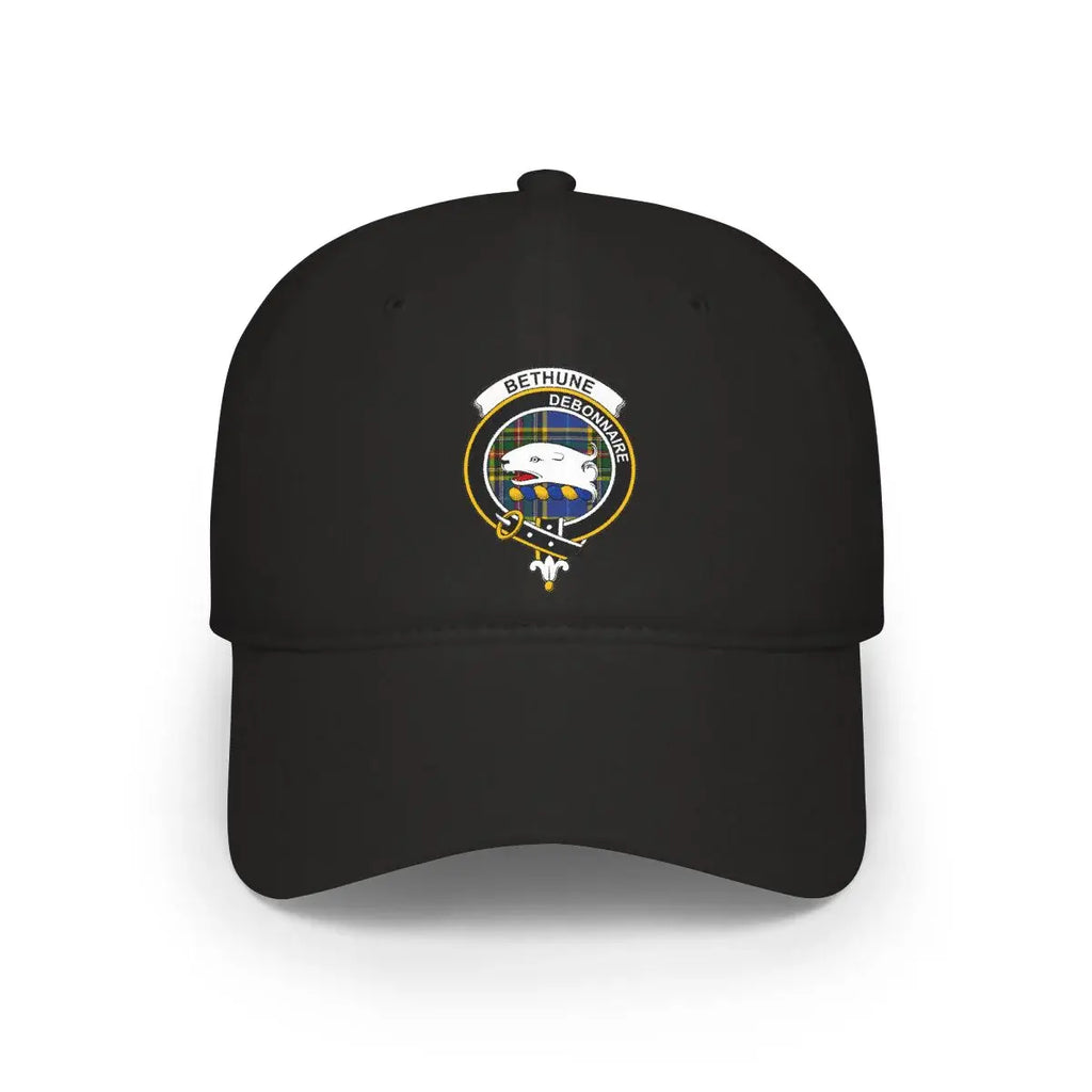 Clan Bethune debonnaire crest printed cap in black — low-profile cotton Scottish clan hat