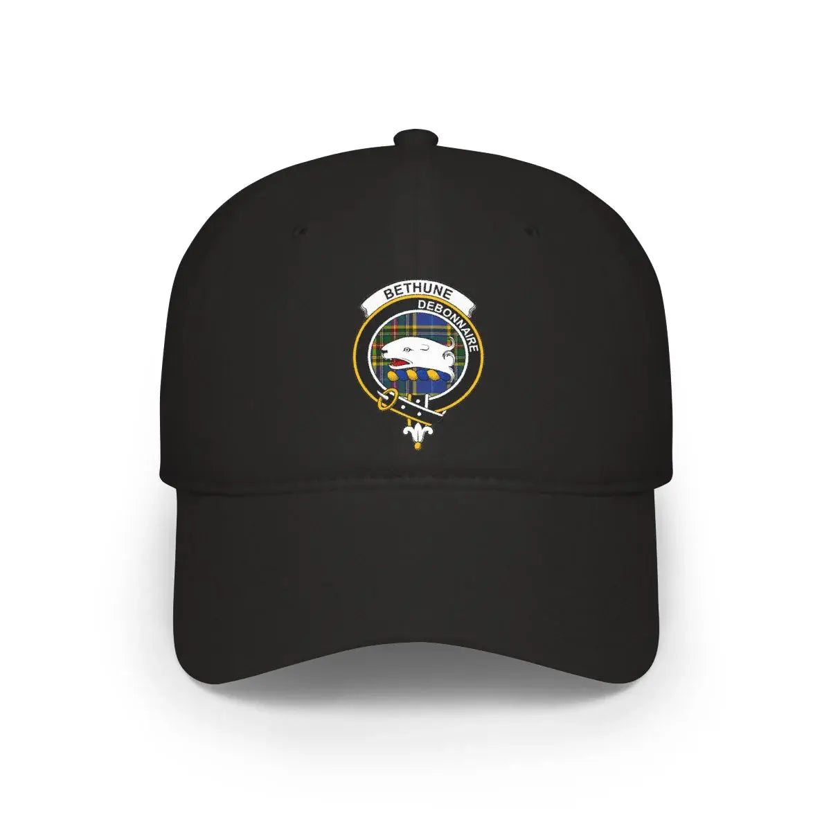 Clan Bethune debonnaire crest printed cap in black — low-profile cotton Scottish clan hat