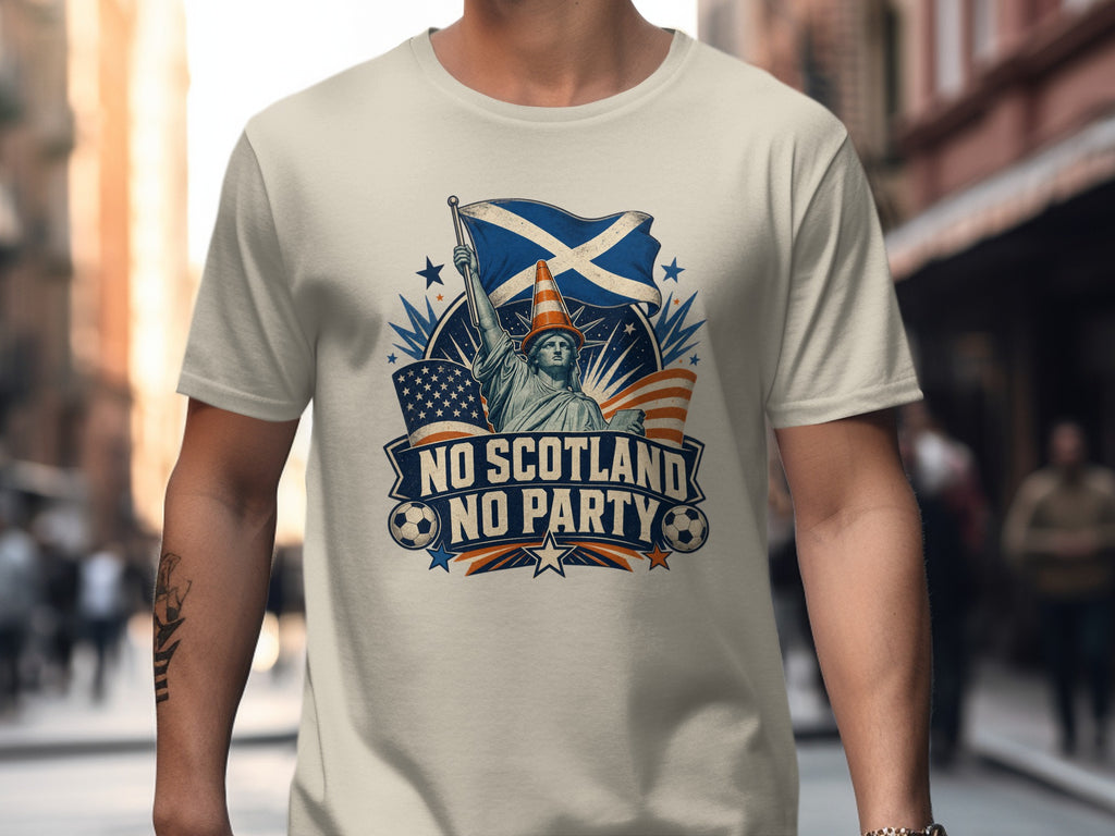 Statue of Liberty with Scotland flag and "No Scotland No Party" text.