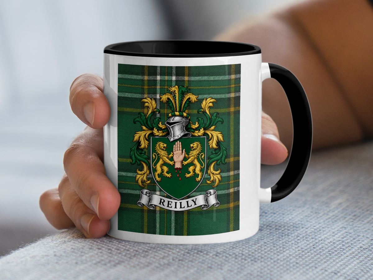 Reilly Irish family crest mug with black accents and Irish National Tartan, lifestyle view
