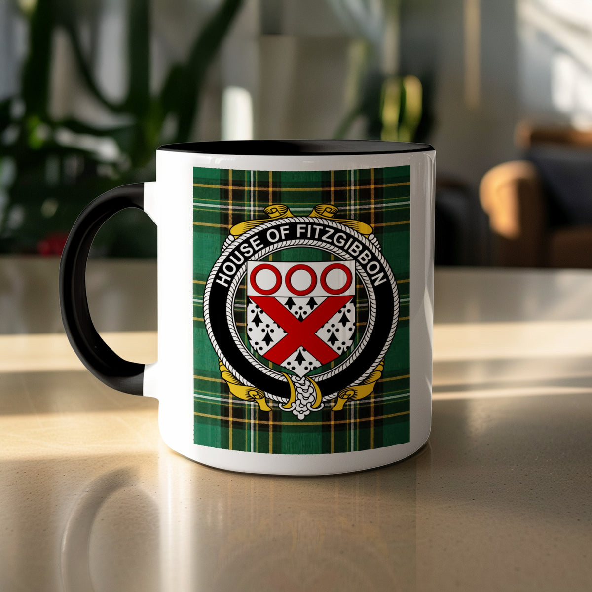 Fitzgibbon surname accent mug displayed with Irish National Tartan design