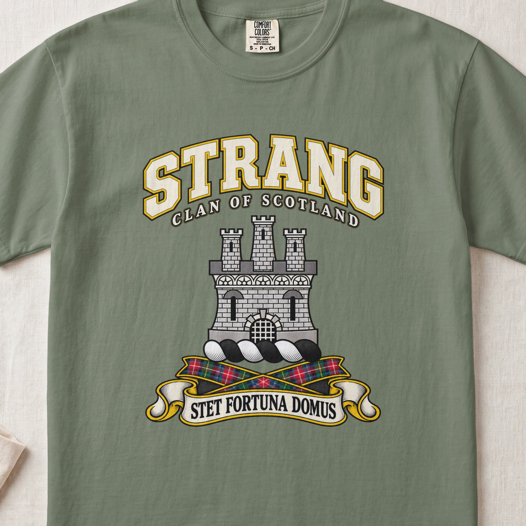 Strang Scottish clan T-shirt in Moss, front view with a silver three-towered castle and motto design.