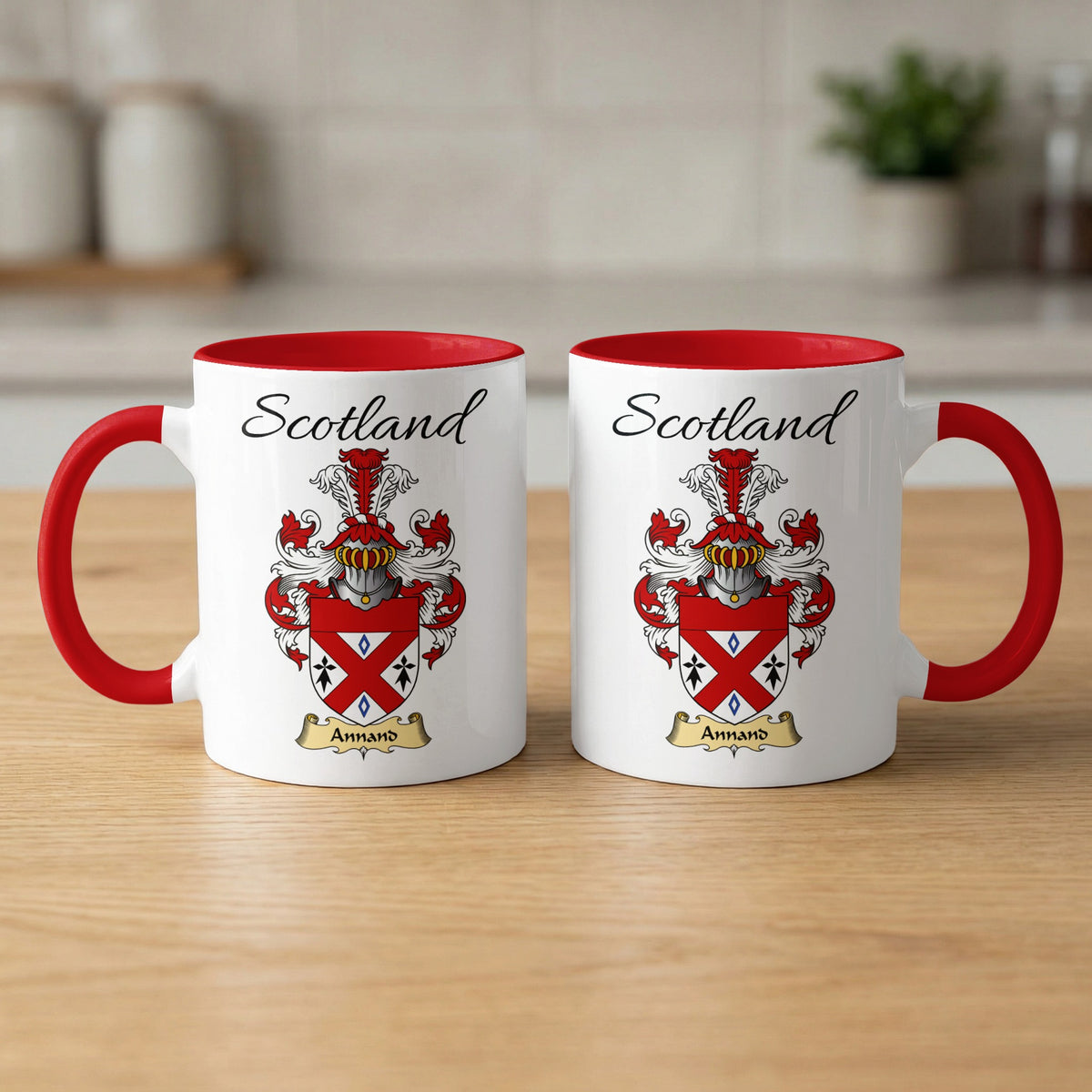 Annand 11 oz Scottish family crest ceramic mug with a Scotland-topped heraldic emblem