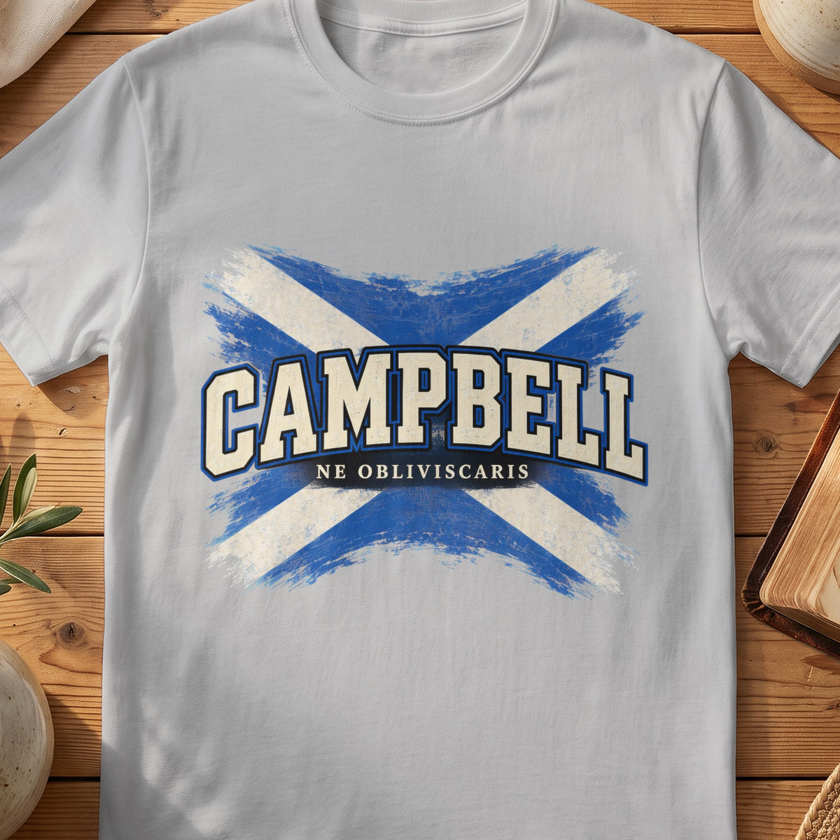 Campbell Scottish Saltire T-shirt in Sport Grey, with distressed blue and cream flag and “Ne Obliviscaris” lettering.