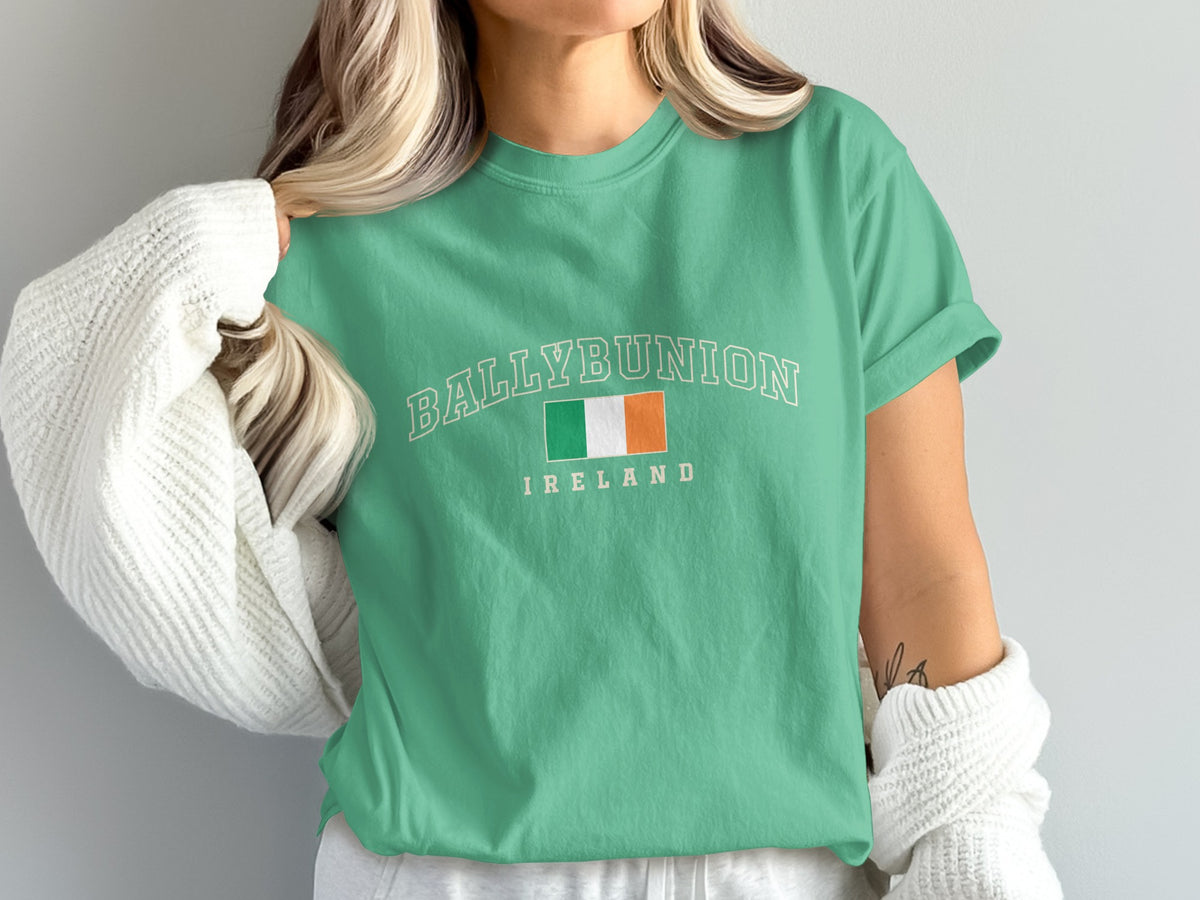 Green t-shirt with "Ballybunion Ireland" and Irish flag graphic.
