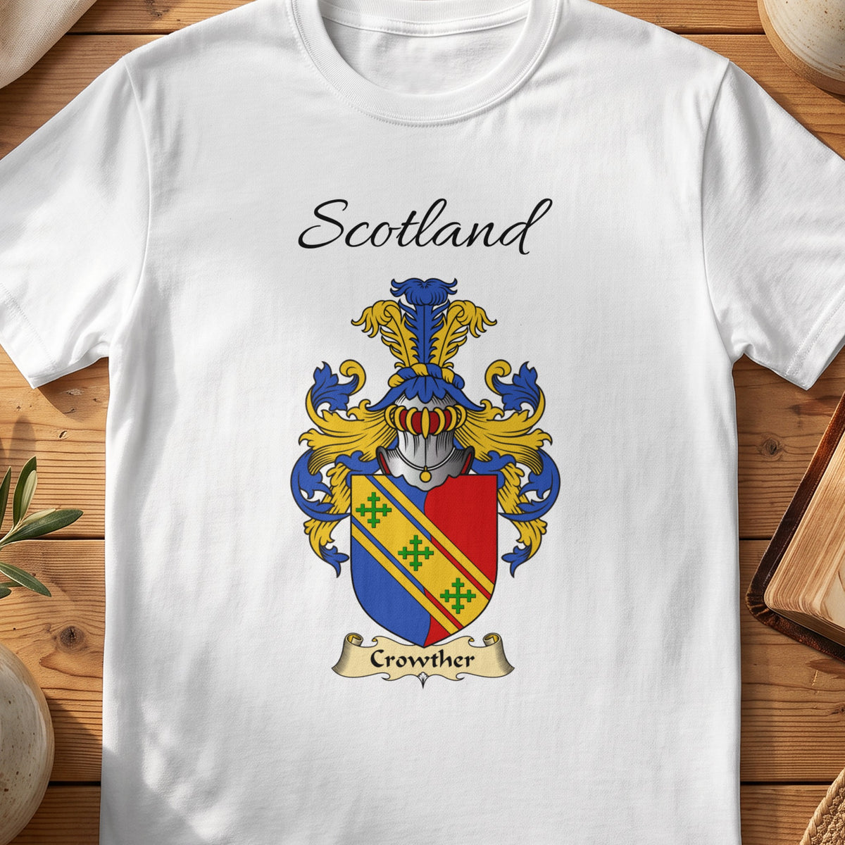 White Crowther Scottish family shield T-shirt featuring a gold diagonal band across red and blue