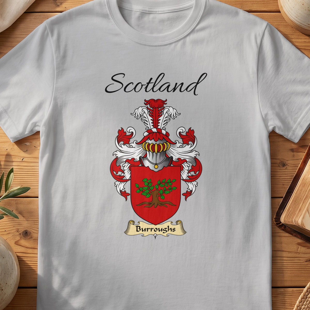 Sport Grey Burroughs Scottish family shield T-shirt featuring a green tree on a red shield