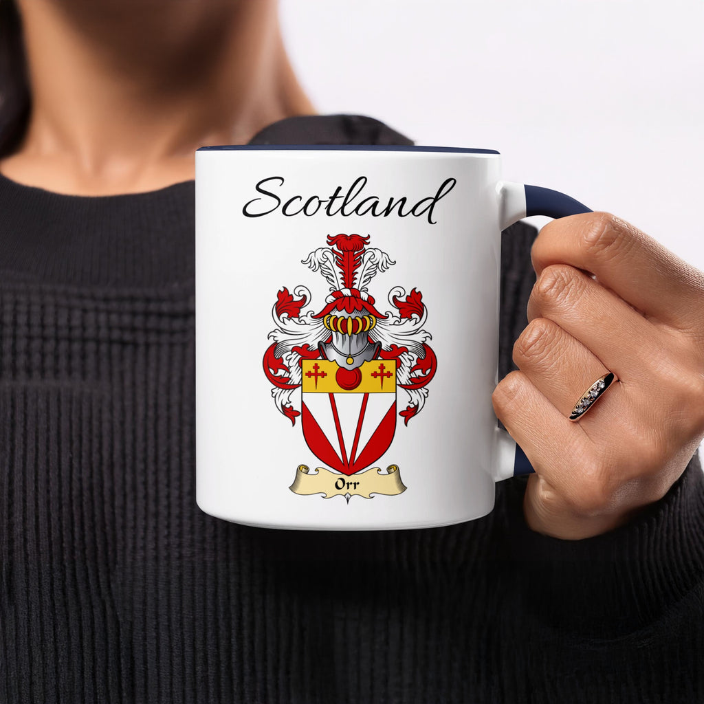 Orr 11 oz Scottish family crest ceramic mug showing a Scotland-topped heraldic emblem
