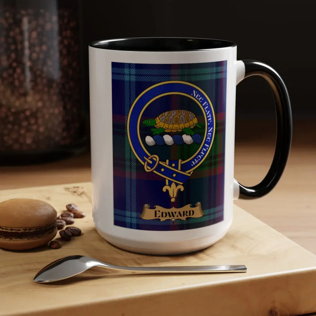 Close-up of the Edward clan crest printed on a ceramic mug