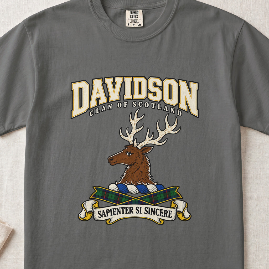 Pepper gray Davidson Scottish clan T-shirt, front flat lay with cream varsity lettering, stag crest and tartan ribbon.