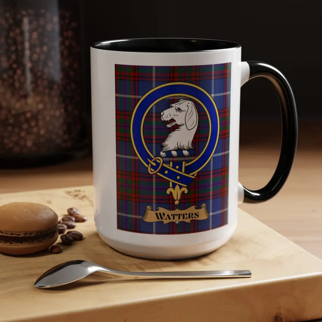 Close-up of the Watters clan crest printed on a ceramic mug