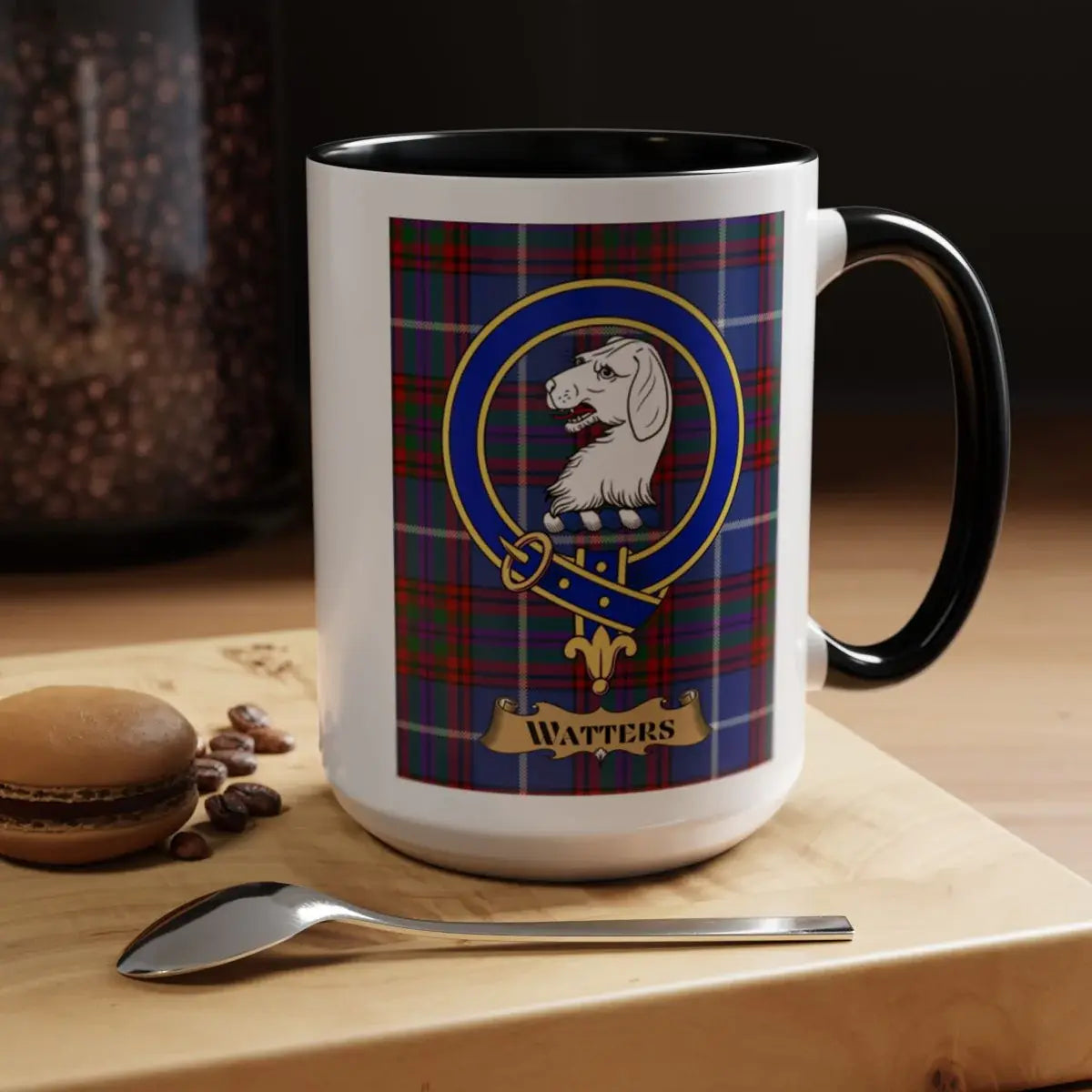 Close-up of the Watters clan crest printed on a ceramic mug
