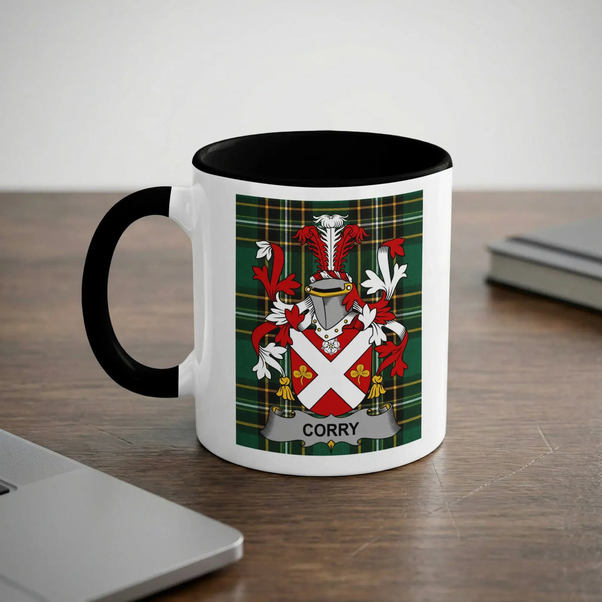 Corry 11oz ceramic mug with black rim and surname emblem on Irish tartan.