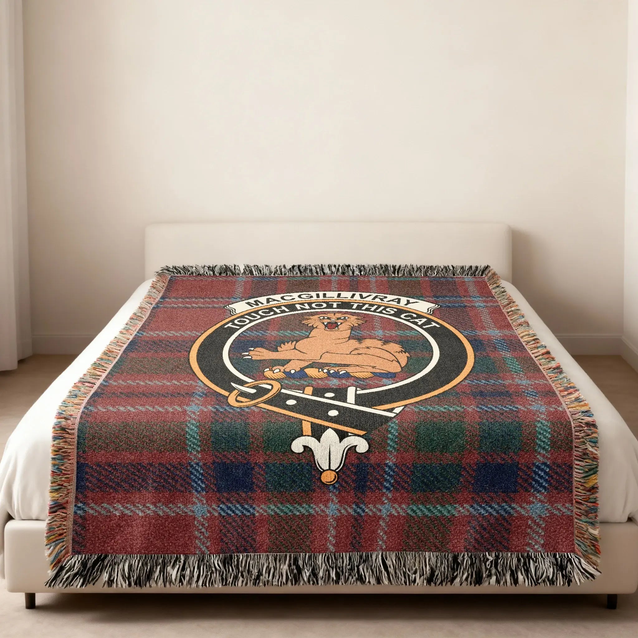 MacGillivray Touch Not the Cat woven throw blanket — heirloom cotton tartan customised design