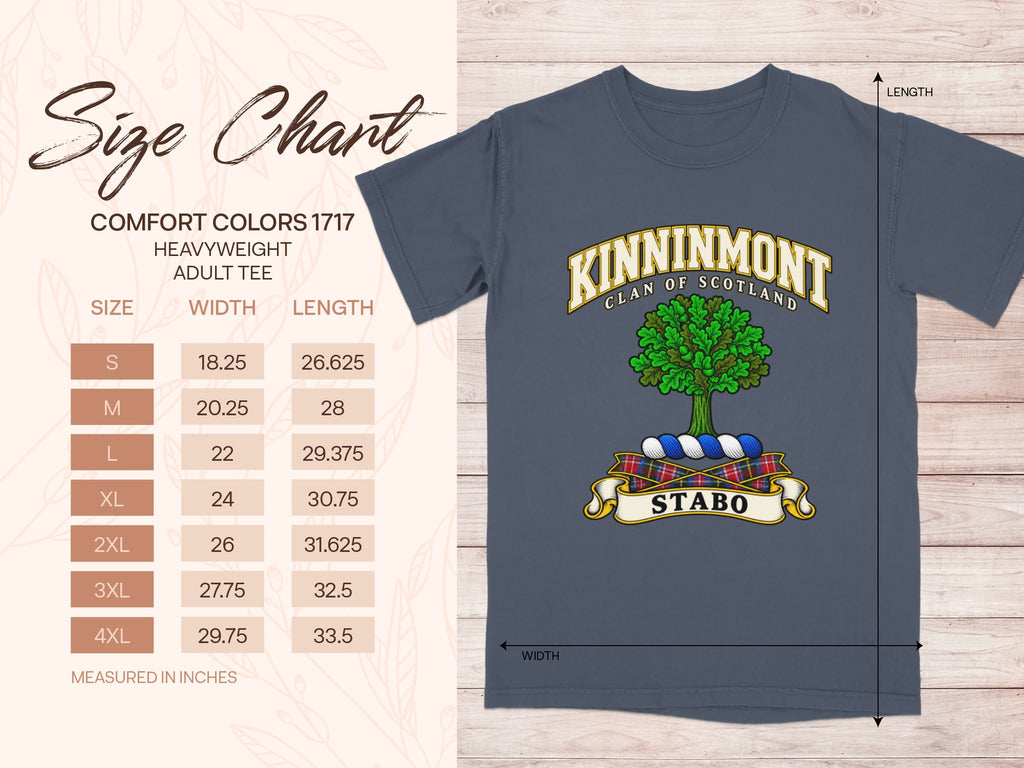 Comfort Colors 1717 size chart for the Kinninmont Scottish clan T-shirt, adult sizes S–4XL.