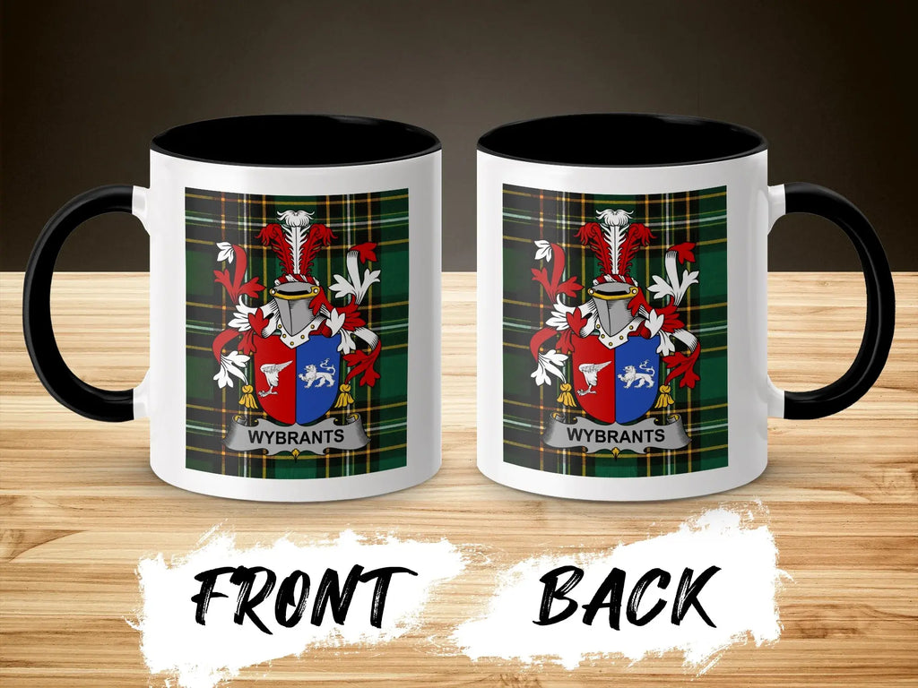 Two mugs showing a coat of arms with "WYBRANTS" text on a plaid background.