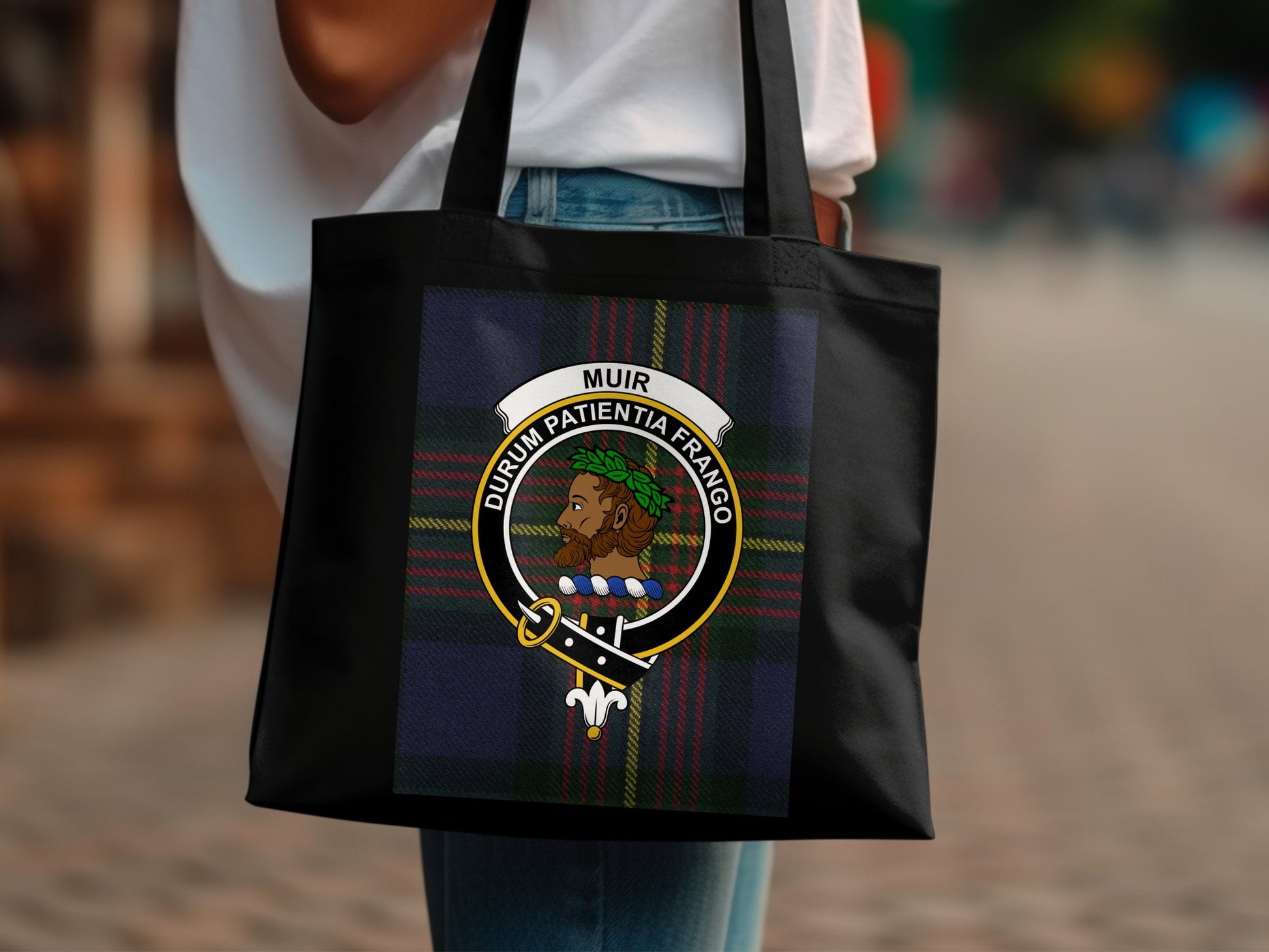 Scottish Clan Crest on Tartan Background Tote Bag - Living Stone Gifts