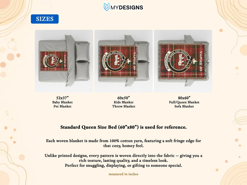 MacDonald of Staffa tartan woven blanket with clan crest and motto — fringe edge, multiple sizes