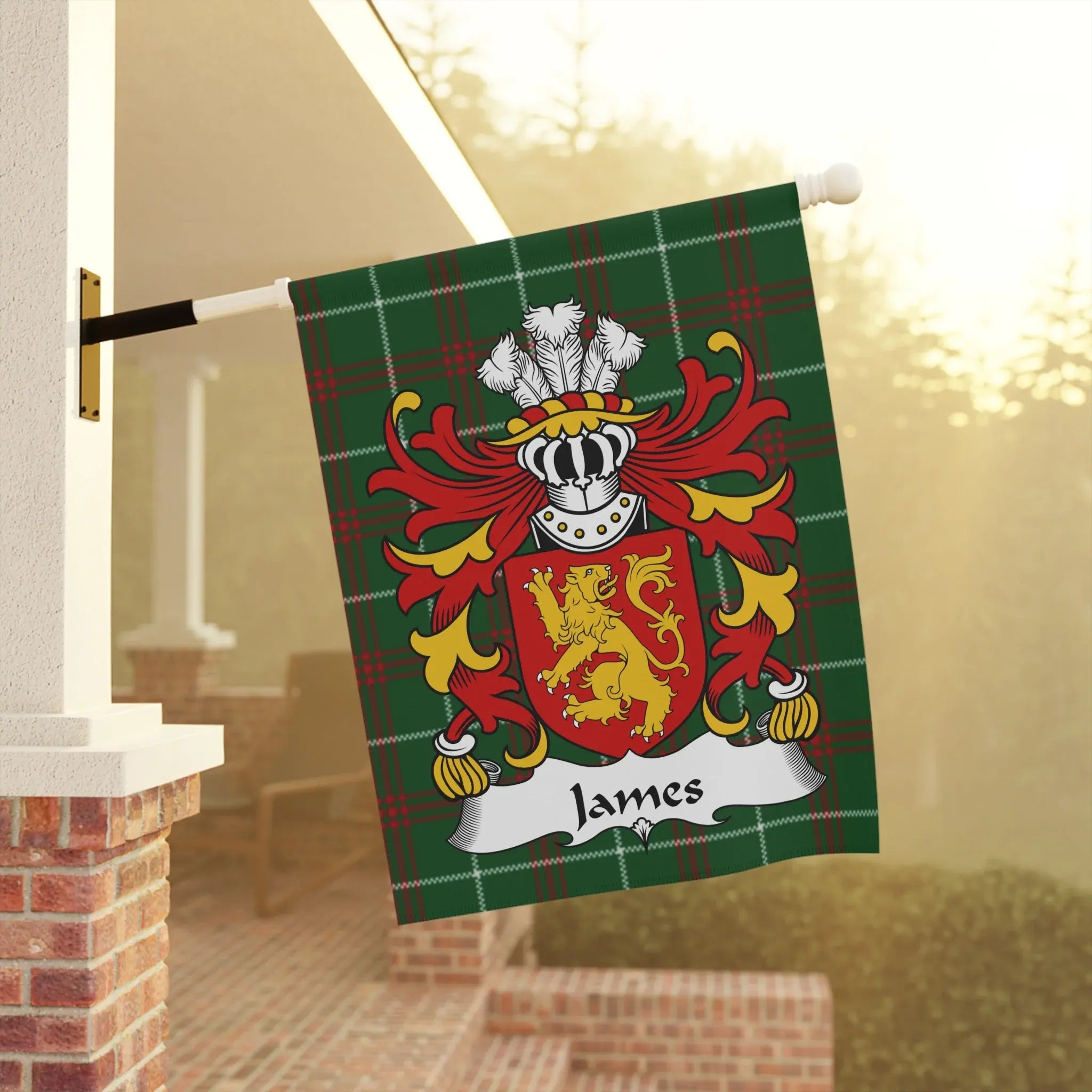 Green tartan flag displaying the James family crest.